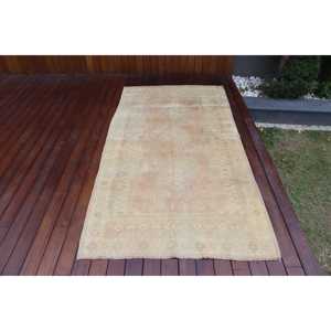 Vintage 3.8x7.3 ft Rug, Area Turkish Rug, <b>Brown</b> Red Abstract <b>Wool</b> Rug - Product Image 1