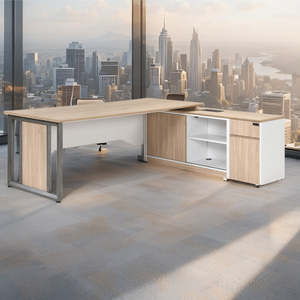 Modern <b>L</b>-<b>Shaped</b> Executive <b>Desk</b> Wood & <b>White</b> Finish with Integrated Storage for Computer Use - Product Image 1