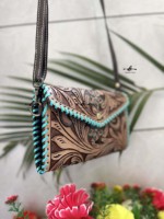 Casing ponsel dompet berukir tangan, dompet ponsel kulit barat banyak kegunaan modis untuk wanita