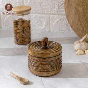 Cave à sel rustique avec couvercle et cuillère, bol à sel en bois sel poivre en bois gardien, pot à épices et herbes, sucre à thé - Product Image 2