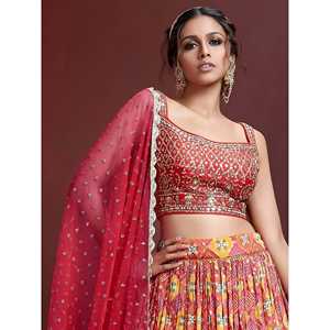 Astonishing Red Sequins Embroidery Chinon Silk Lehenga Choli for Wedding <b>Cocktail</b>/Reception Apparel Semi-Stitched Custom Size - Product Image 4