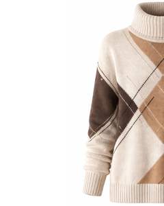 Customized Premium <b>Women</b> Turtleneck Argyle Knit Sweater Soft <b>Warm</b> Winter Pullover Casual Fashion Top Brown Beige Color - Product Image 3