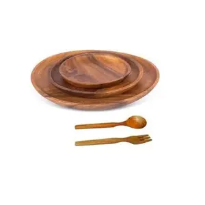 Conjunto de jantar em madeira de acácia, louça com colher e garfo, conjunto redondo personalizado de fábrica para louça de restaurante
