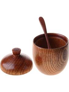 Salero Redondo de Madera de Azufaifo, Azucarero con Tapa y Cuchara, Tarro de Condimento Natural, Contenedor de Almacenamiento de Especias para Mesa de Cocina, Artesanía Hecha a Mano - Product Image 2