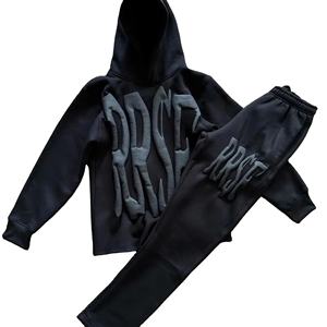 Wholesale Acid Wash Maternity Hoodie Men Puff Printed Tracksuit Custom Rubber logo Running Unisex Streetwear Set - Product Image 1