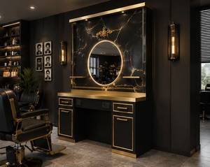 Ensemble de coiffeuse de salon en métal noir et or, station de lavage de cheveux, miroir, lampe murale, meuble-vasque, design traditionnel pour salon de coiffure Istanbul - Product Image 3