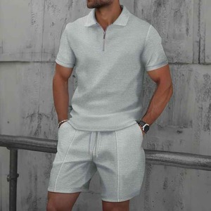 Camiseta de manga corta con cuello de Color sólido y cremallera de gofre para hombre, conjunto informal, ropa de verano para hombre - Product Image 3