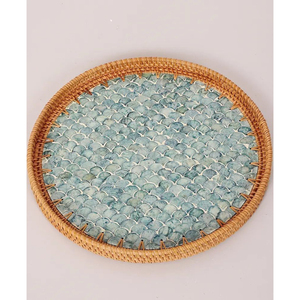 Elegant Floral Rattan Serving Tray Handcrafted <b>Mother</b> Pearl Inlay Eco-Friendly Woven Shell Decorative Tray for Catering Coastal - Product Image 1