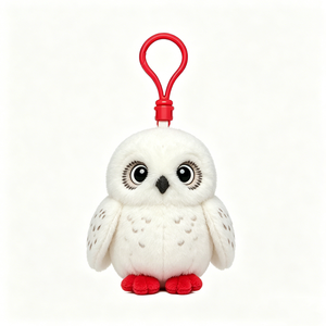 Customized <b>Cute</b> White Owl Plush Keychain Cartoon Soft Faux Fur 3D Shape Red Feet and Loop Embroidered Stress Relief - Product Image 1