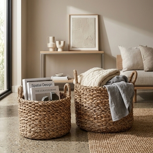 Ensemble de paniers de rangement en écorce de bananier naturelle, tressage épais, forme cylindrique, avec poignée en arche, pot de rangement, pot à linge, décoration artistique pure pour la maison - Product Image 5