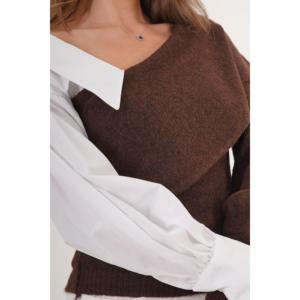 Conjunto de Suéter Color Café para Mujer, Mitad Camisa, Mitad Tejido, Disponible para Venta al Por Mayor - Product Image 1