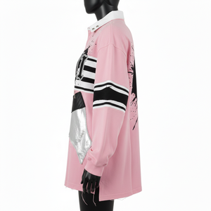 Maillot de rugby pour homme de qualité supérieure, 240 GSM, coton et polyester interlock, panneau contrasté rose, logo appliqué personnalisé, évacuation de l'humidité - Product Image 3