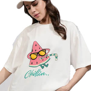 Venta al por mayor de las mujeres de cuello redondo 100% de algodón de manga corta Camiseta de gran tamaño con impresión digital y logotipo personalizable - Product Image 5