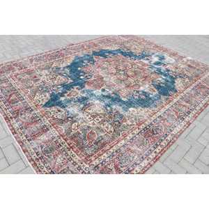 Tapis turc 8,2 x 11 pieds, tapis bleu à carreaux en laine - Product Image 2