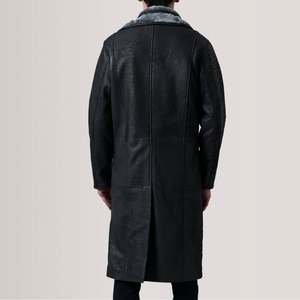 Vintage <b>Men's</b> Distressed Black <b>Shearling</b> Leather Coat Long Overcoat Hooded Collar Button Decoration Soft Wool Filled Autumn - Product Image 4