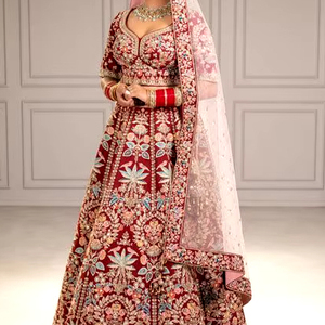 Bridal 2024 Wedding Maroon Silk <b>Blouse</b> Lehenga Dupatta Dress Embellished Colorful Crystal Glass Beadsstone Dabka Work for Adults - Product Image 1