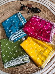 Bollywood Beautiful Bandhani print sarees avec broderie zari travail dentelle avec une belle ceinture incroyable avec chemisier Mono banglory - Product Image 5