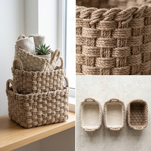 Natural Seagrass <b>Storage</b> <b>Basket</b> Set Chunky Braided Cord <b>Rectangular</b> Bin Arch Handle Tabletop Planter Pure Art Setup Room Decor - Product Image 3