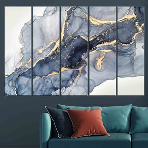 Obra de arte moderna abstracta impresa en lienzo con tinta fluida azul y dorada, JUEGO DE 5 LIEÑOS - Product Image 1