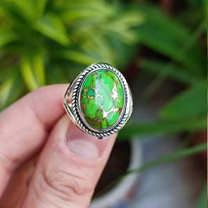 925 Sterling Silver Boho <b>Ring</b> Handmade Green Copper Turquoise Inlay <b>Statement</b> <b>Ring</b> for Women Licensed Private Brand Gift Idea - Product Image 1