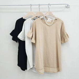 Blusa de Verano para Mujer, de Algodón Tejido, Cuello Redondo, con Mangas con Volantes, Estilo Dulce, Transpirable, Color Liso, Teñido, Venta al Por Mayor OEM - Product Image 2