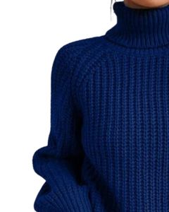 Customized <b>Navy</b> <b>Blue</b> Turtleneck Knit Sweater For <b>Women</b> Winter Warm Soft Ribbed Pullover Long Sleeve Casual Loose Fit Top - Product Image 3