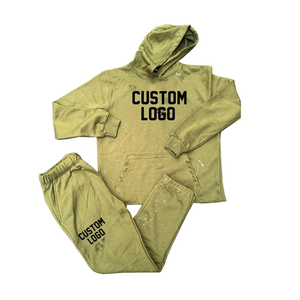 Custom Oversize French Terry Vintage Flare <b>Pants</b> and Hoodie Set Sweat <b>Suit</b> Acid Washed Distressed Embroidery Patch Tracksuit Men - Product Image 5