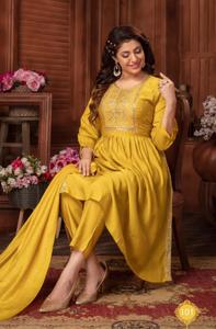 Lo último en ropa festiva de seda romana Kurti bordado trabajo Naira corte secuencia trabajo Dupatta incluyendo pantalón-ropa paquistaní India - Product Image 4