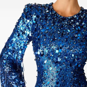 Maxi vestido azul de manga larga con cuello redondo elegante silueta acampanada para bodas, fiestas de graduación, reuniones nocturnas, característica antiestática - Product Image 1