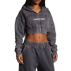 Conjunto de Sudadera Corta y Pantalones Deportivos para Mujer, Estilo Urbano, Ecológico, Anti-Pilling, Transpirable, Lavado Ácido, Talla Grande - Product Image 1