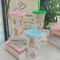 Gobelet en plastique transparent de 24 oz avec couvercle, réutilisable, pour café glacé, imprimé animaux mignons, vaisselle de voyage, vente en gros personnalisée