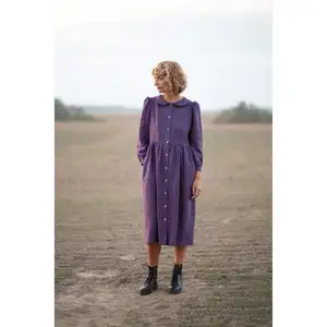 2024 primavera estate nuova moda donna Casual pesante viola tinta unita a manica lunga abito in lino 100%