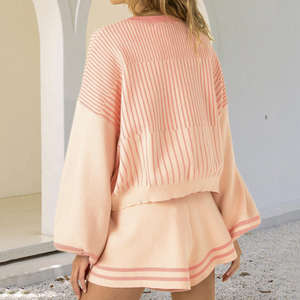 Autumn/Winter New Sweater Set Women Color Blocked Striped Knitted Shirt Long Sleeve <b>Shorts</b> Two Piece Set OEM - Product Image 6