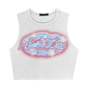 Débardeur court côtelé en coton 180 GSM pour femme, blanc, sans manches, impression graphique personnalisée DTG Airbrush, streetwear, respirant - Product Image 1