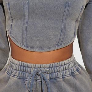 Otoño mujer Casual algodón cuello alto Crop Hoodie Set gris lavado ropa deportiva carta patrón de talla grande chándales Logo personalizado - Product Image 3