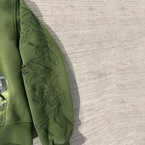 Sweat à capuche surdimensionné vert personnalisé OEM, imprimé intégral, effet vieilli, avec strass et sérigraphie, 100 % coton, hiver - Product Image 4