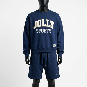 ชุดเสื้อสเวตเชิ้ตและกางเกงขาสั้นผ้าฝ้ายฟลีซคุณภาพพรีเมียม 320 GSM สีกรมท่าเข้ม สัมผัสนุ่ม พร้อมโลโก้ สำหรับผู้ชาย - Product Image 6