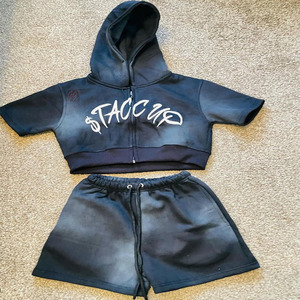 Acid Wash Men Embroidered Summer Drawstring Crop <b>Hoodie</b> Shorts Set Full Sleeve Zipper <b>Hoodie</b> with Scrunch Waist Short Set - Product Image 1