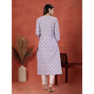 Kurta Recta con Estampado Floral y Bordado para Mujer, Cuello en V, Transpirable, de Algodón Puro, Elegante, Largo hasta la Rodilla, Talla 5XL, Suministro ODM - Product Image 2