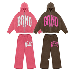 Customized Cotton Men's Two-Piece Flared <b>Sweatpants</b> and Hoodie Set Distress Patch Embroidered Streetwear Tracksuit for Winter - Product Image 1
