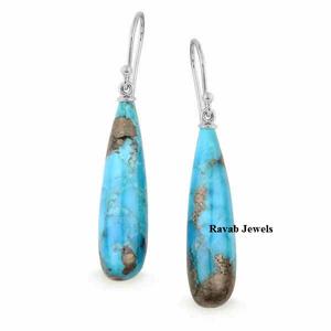 Boucles d'oreilles fines en argent Sterling 925 de haute qualité en forme de goutte longue personnalisée 9*30mm Pyrite Turquoise Pierre précieuse naturelle pour fille - Product Image 1