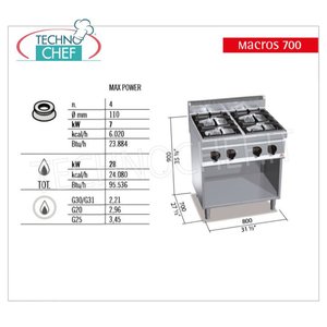 Cuisinière à gaz 4 brûleurs sur meuble ouvert, 28,00 kW - Product Image 3
