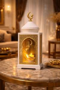 Farol de Ramadán de Oro Blanco Premium con Estrella Creciente, Luz LED Cálida, Tallado Intrincado, Elegante Decoración Festiva para el Hogar, Regalo - Product Image 3