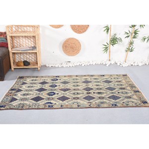 Tapis traditionnel Beige noir Vintage turc fait à la main laine Latex support Rectangle Patchwork pour adolescent chevet 3.8X6.1 pieds - Product Image 1