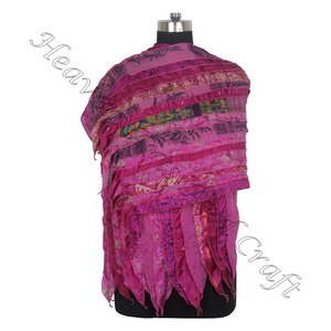 ผ้าไหมรีไซเคิลผ้าพันคอสตรีลายส่าหรี15แถบผ้าพันคอแฮนด์เมดดีไซน์เนอร์ผ้าคลุมไหล่ผ้าไหมละเอียด SC517ผ้าส่าหรีสไตล์วินเทจรีไซเคิล - Product Image 5