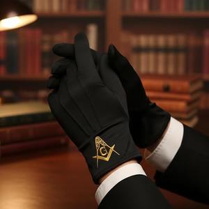 Square & Compass Masonic Embroidered Cotton Gloves - [<b>Black</b>] Embroidered Masonic Symbol One Size Fits Most - Product Image 4