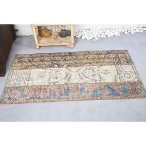 Tapis en Laine Turque Vintage de 2.5X4.9 pieds, Beige, Bleu, Patchwork, Technique de Tissage Plat, Support en Latex pour Décorations de Salon - Product Image 3