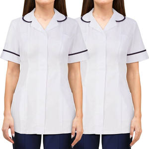 Venta al por mayor personalizado mujeres Hospital uniforme enfermería Scrubs Tops cuello vuelto con tubería blanca cuidado de la salud enfermera túnica superior - Product Image 4