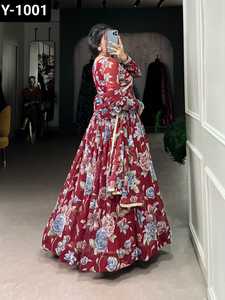 Indian Designer Women Wear Marble Silk Anarkali Gowns with Floral Print With Lace Touch Up Gowns Indian Salwar Kameez <b>Suit</b> - Product Image 4
