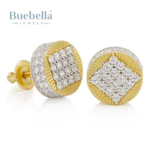 S925 Plata DE LEY 14K Recubrimiento de oro Moissanite Cluster Pendientes redondos para hombres Joyería de diamantes - Product Image 1